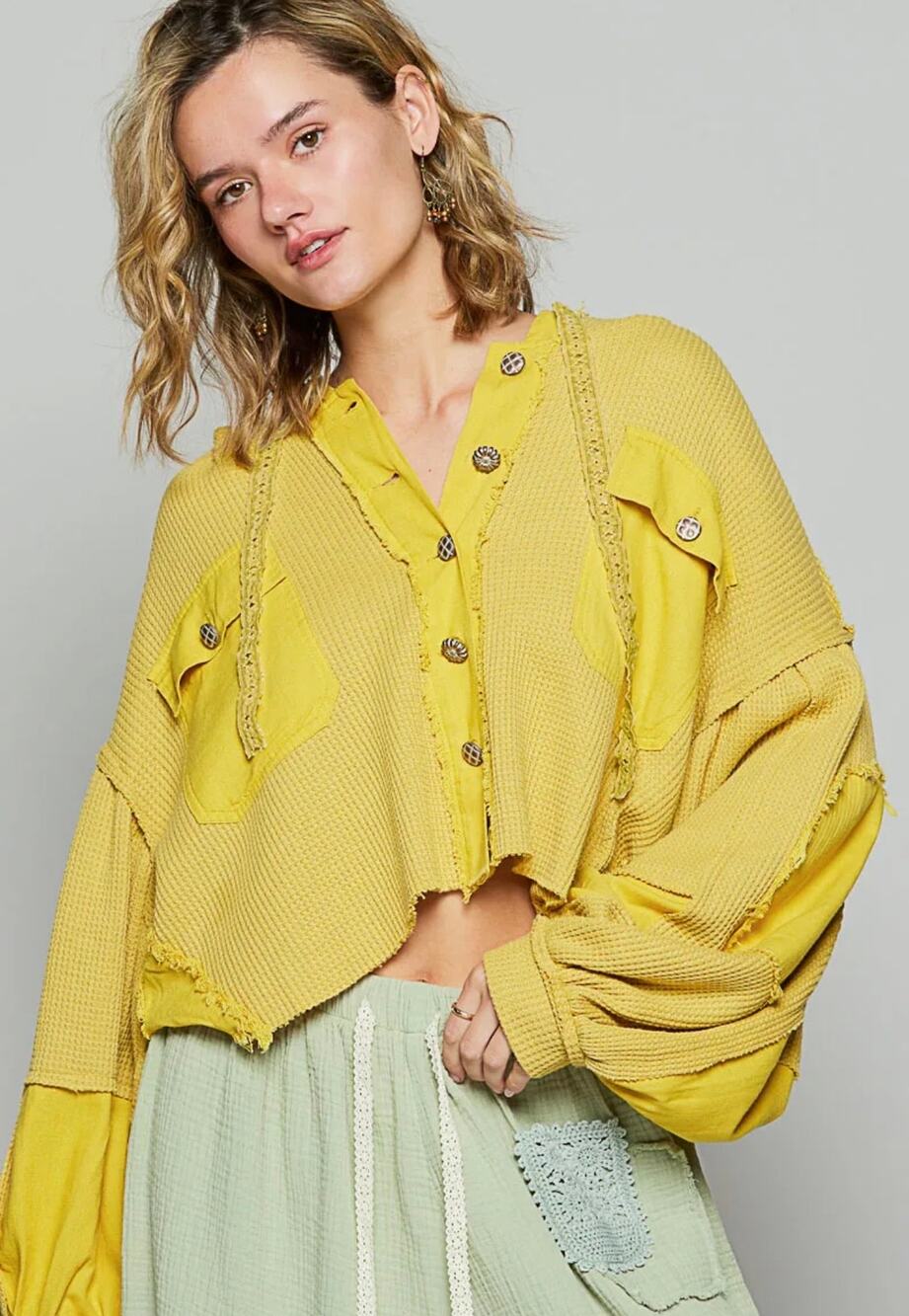 POL Mustard Waffle Knit Hoodie Jacket Small Button Front Boho Raw Edge Top NWT